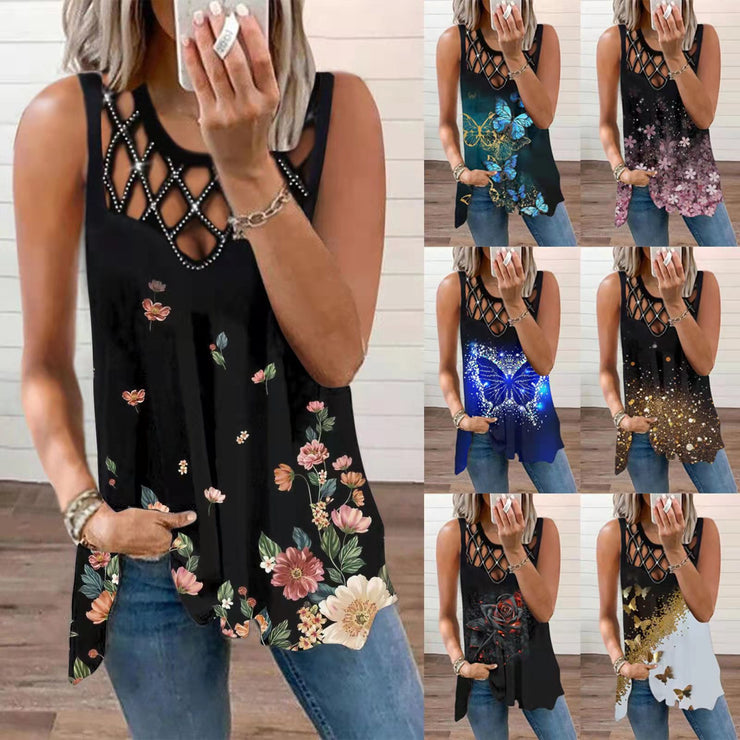 Women's Hollowed Out Hot Drilled Sleeveless Vest Print Tshirt