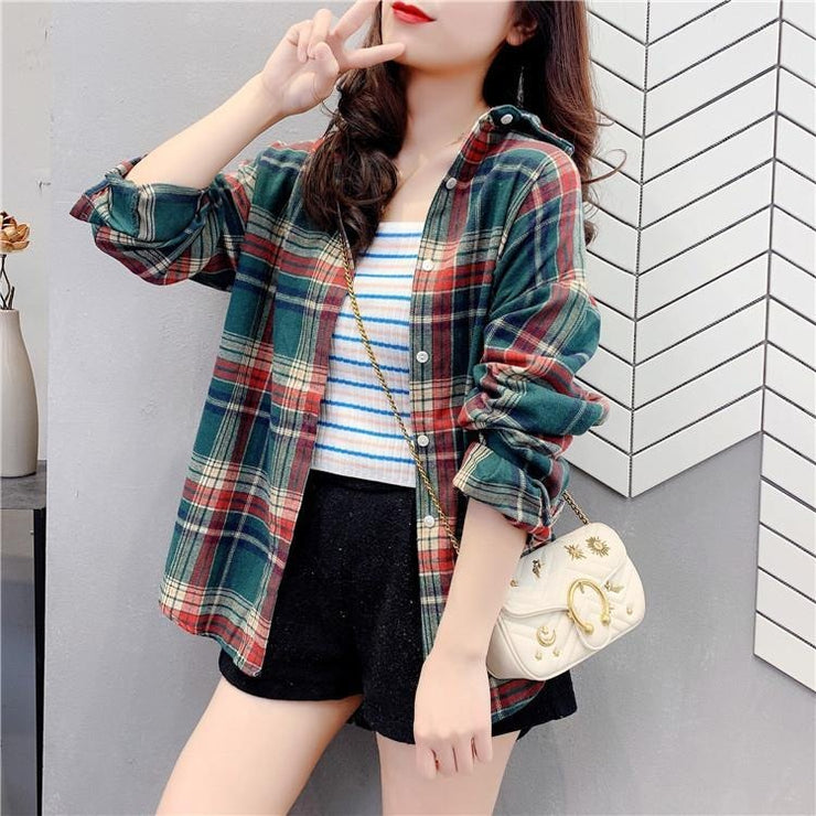 Spring 2021 new Korean version of the retro port flavor polo collision plaid grinding loose jacket shirt women