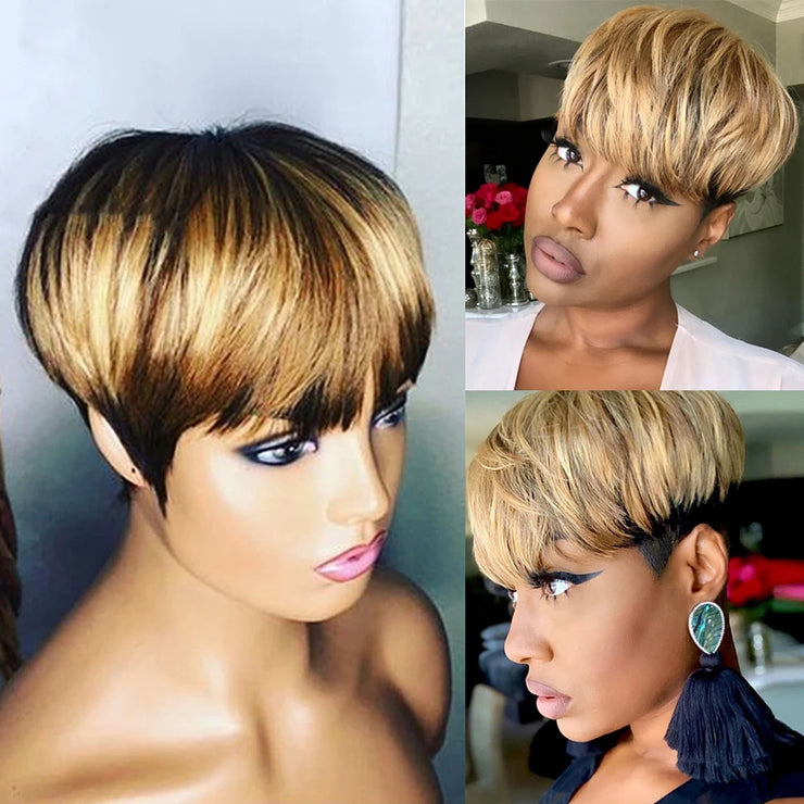 Short Straight Bob Wig 1b/27 Pixie Cut Human Hair Wig With Bangs For Black Women Brazilian Cheap Human Hair Wig Under $50
